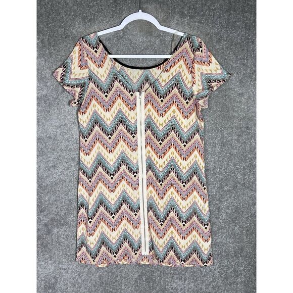 Body Central Mini Dress Womens Sz Large Chevron Geometric‎ Zip Back USA Made - Picture 2 of 6